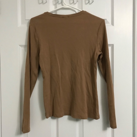 H&M Ribbed Scoop Neck Cotton Top L Dark Beige Brown Long Sleeve - Picture 2 of 3
